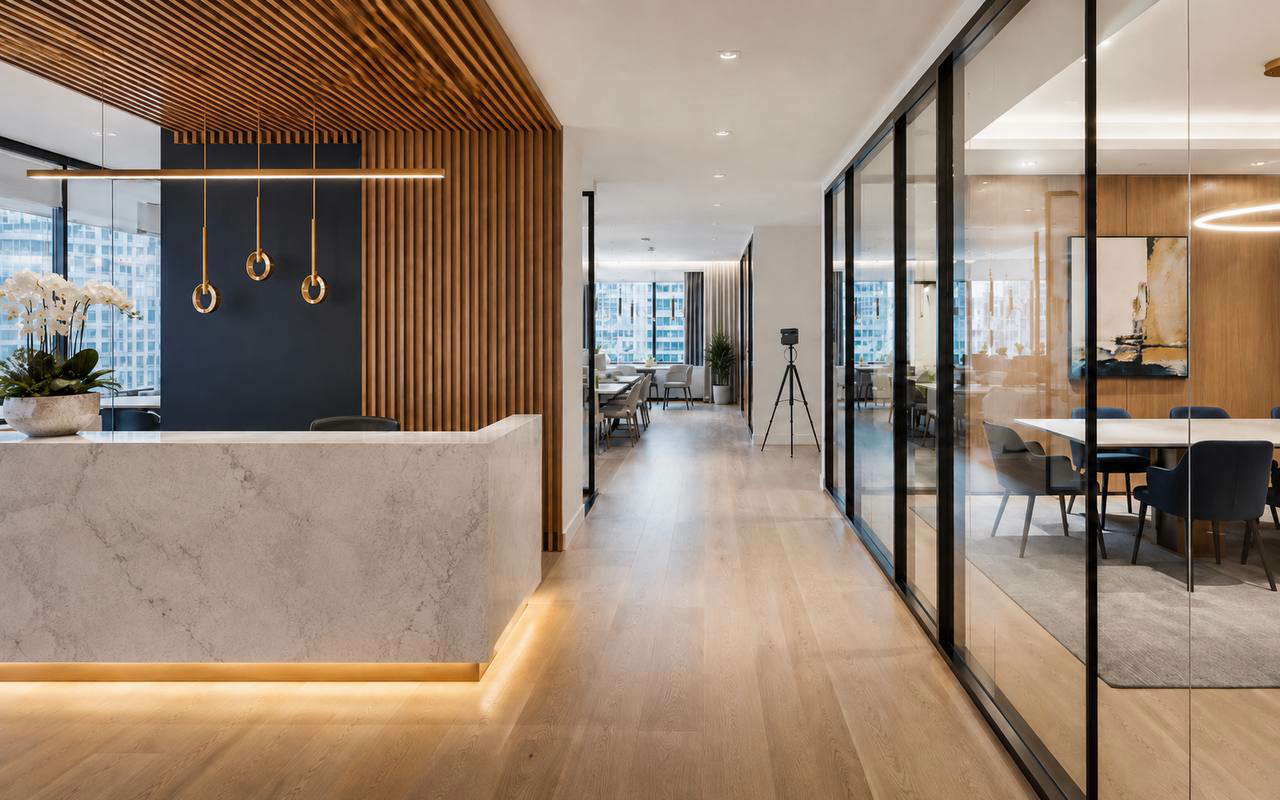 Professional property media capture setup in a refined interior space