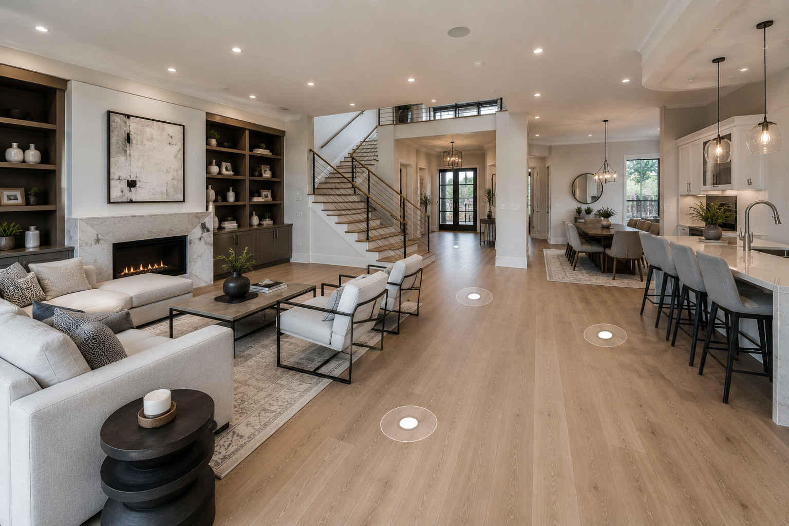 Premium residential interior with open living, dining, kitchen, and stair circulation captured for property presentation