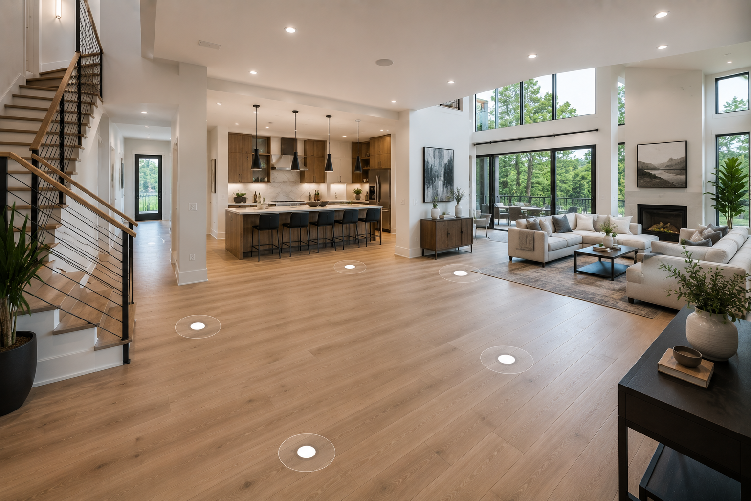 Luxury residential kitchen and circulation perspective in 3D tour