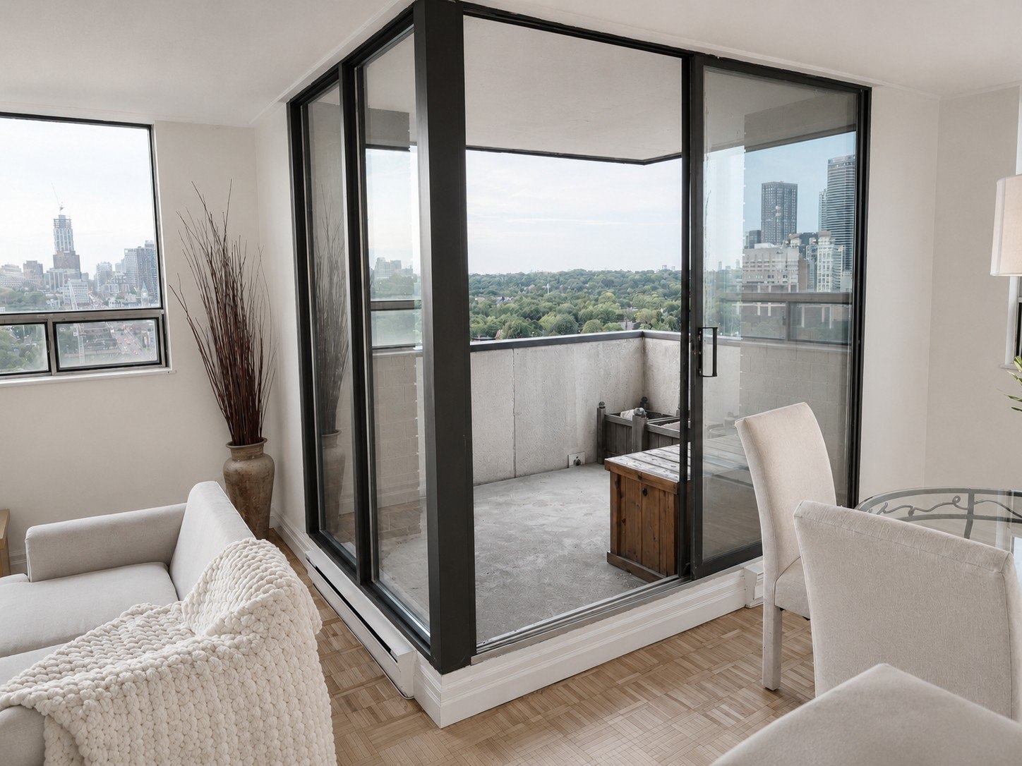 Condo balcony with city skyline view