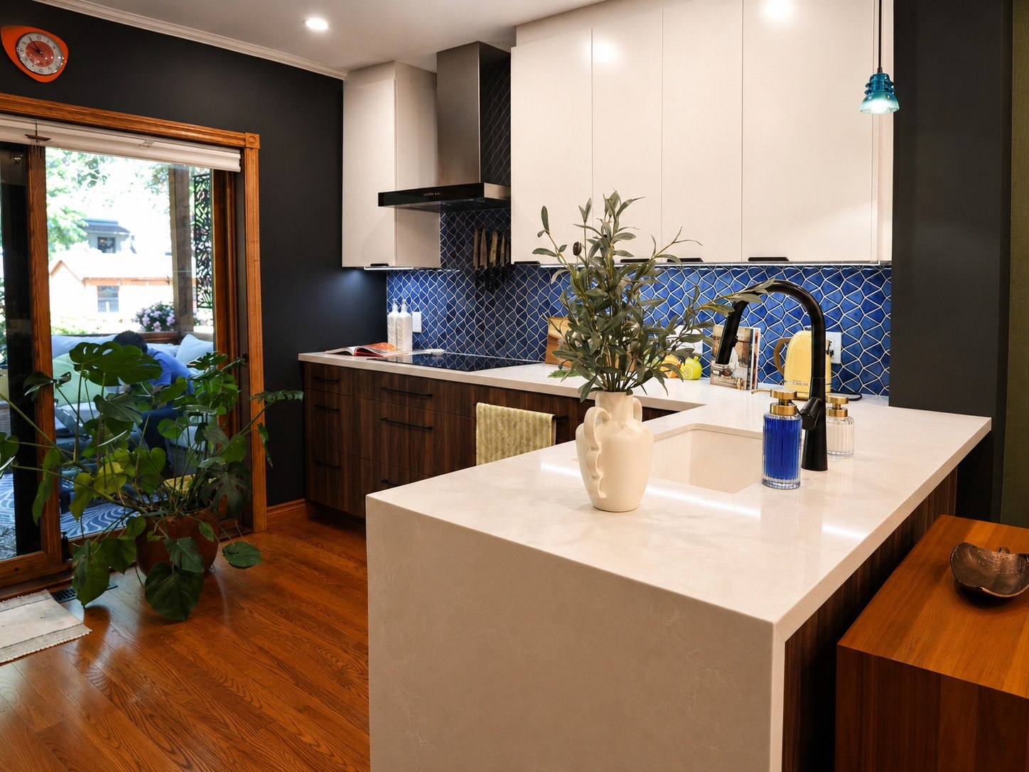 Kitchen with blue tile backsplash